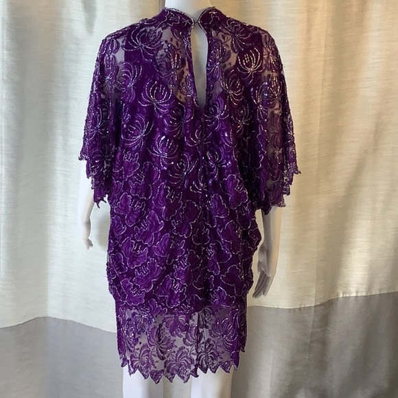 Brilliante By J.A. Purple Sequin Beaded Short Sleeve High Neck Tunic Top Sz L - Picture 6 of 12